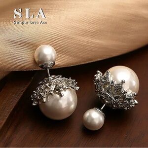 Elegant Double Pearl Crown Statement Earrings